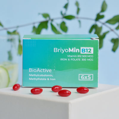 Briyo Briyomin Vitamin b12 Methyl Folate capsules Vitamin b12 500 mcg Folate 300 mcg capsules B12 capsule folate methyl folate methylcobalamin b12 folate red blood cells energy and metabolism b12 supplement b12 medicine Health supplements briyo supplements briyo supplement