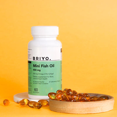 briyo fish oil 450 mg 71% omega 3 capsules fish oil capsule omega 3 supplement  briyo supplement briyo supplements omega 3 EPA & DHA capsules fish oil mini fish oil mini capsule fish oil conveniently sized capsule